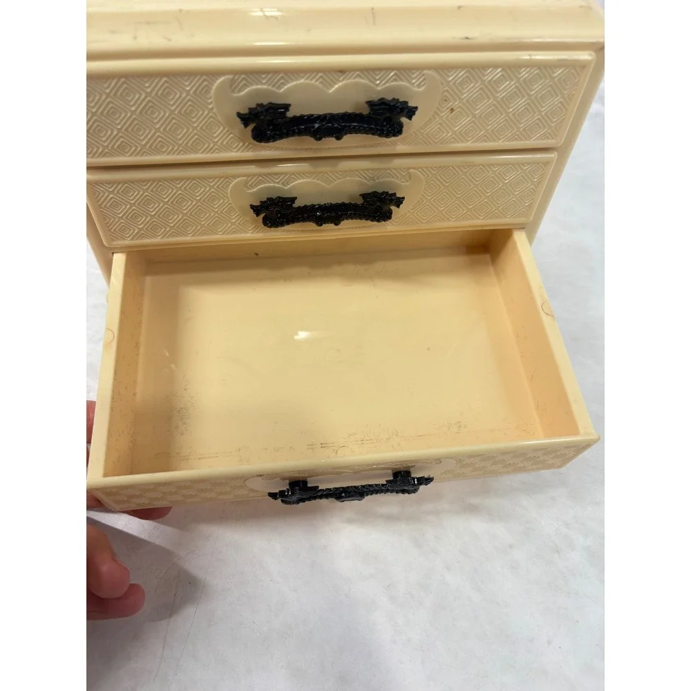 Vintage Chinoiserie Plastic Jewelry Box 3 Drawer Mini Chest Pagoda Cream Black